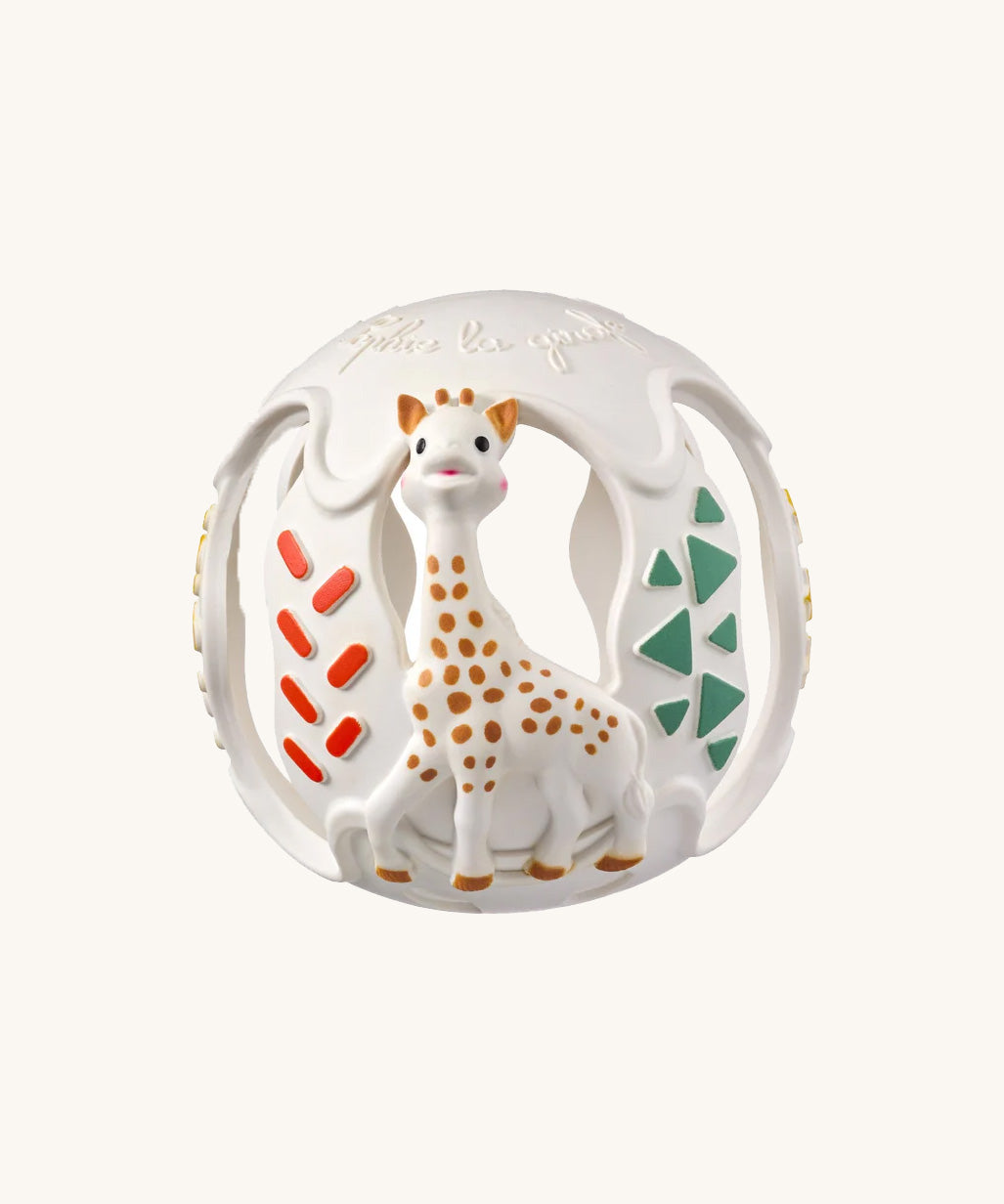 The Sophie the Giraffe natural Hevea rubber teething ball toy or babies, with non-toxic paints and textured elements. 
