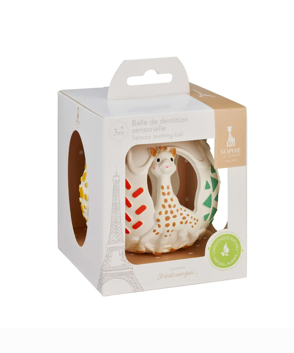 The Sophie the Giraffe natural Hevea rubber teething ball toy or babies, packaged in cardboard. 