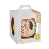The Sophie the Giraffe natural Hevea rubber teething ball toy or babies, packaged in cardboard. 