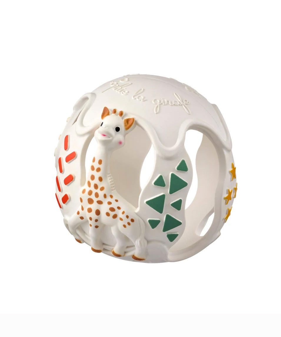 The Sophie the Giraffe natural Hevea rubber teething ball toy or babies, with non-toxic paints and textured elements. 