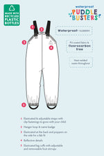 A diagram showcasing the key features of the Frugi waterproof Puddle Buster children's outdoor trousers