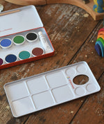 Metal paint pallet included with the Stockmar Opaque Watercolour Paint Tin Set.