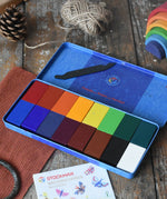 Stockmar 16 colour wax blocks set in a metal storage tin with crayon scraper and scratching tool.