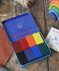 Stockmar 8 wax blocks in standard colours in a storage tin.