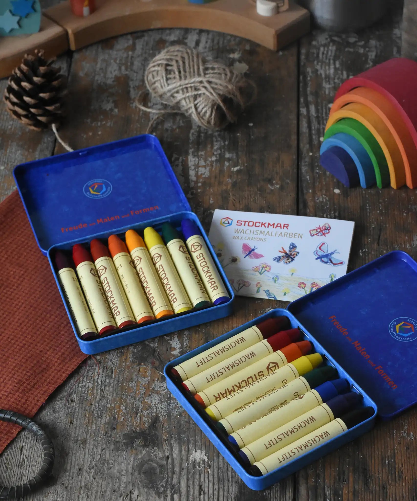 Stockmar 8 Standard Colour and 8 Waldorf colour assortment Wax Crayons sets in tins. 