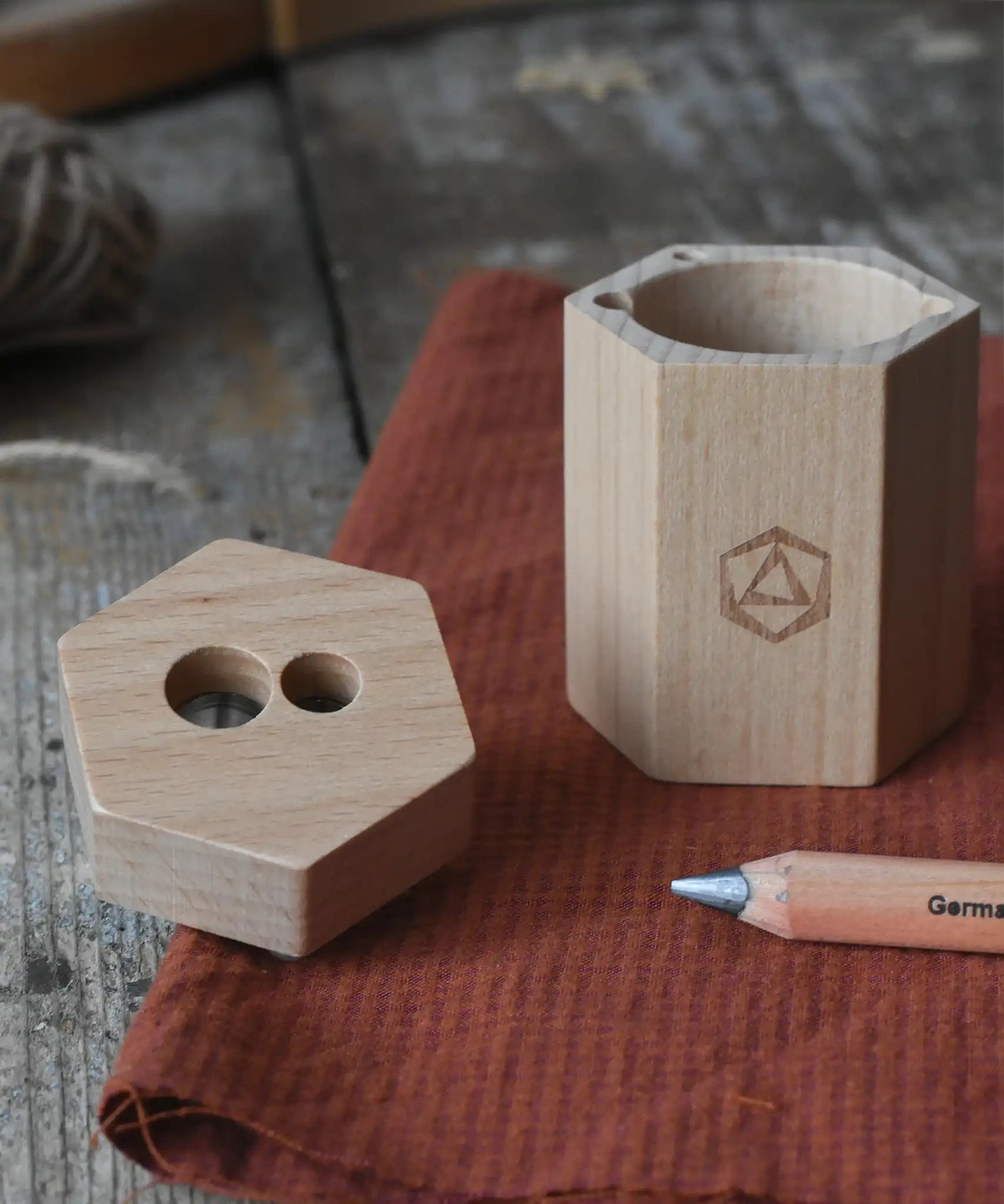 Stockmar wooden dual pencil sharpener with the lid take off.
