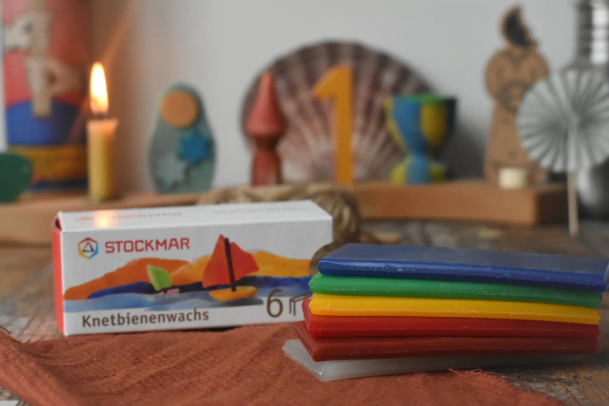 Stockmar modelling beeswax in a pack of 6 Sheets. White, brown, red, yellow green and blue sheets.