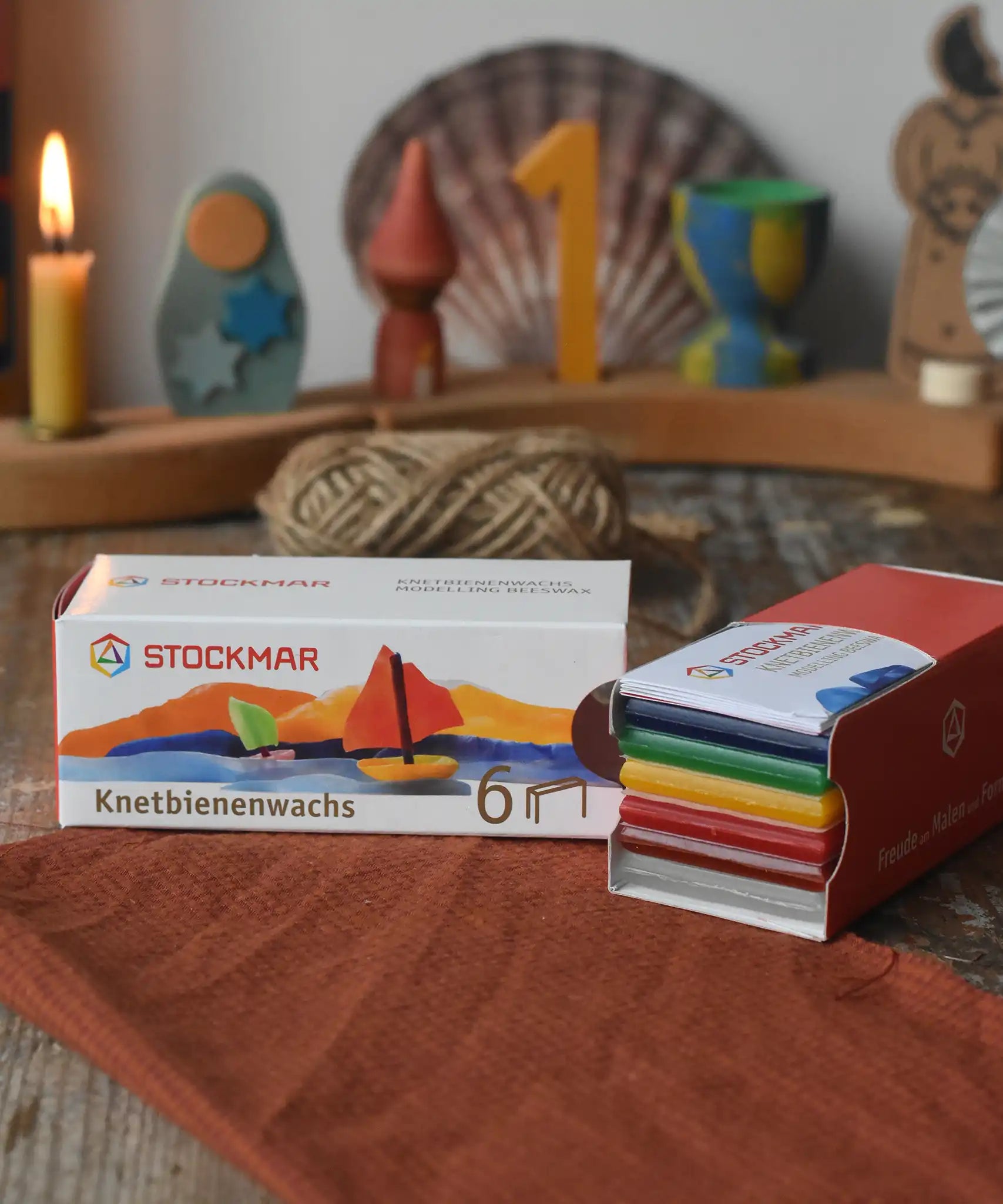 Stockmar modelling beeswax in a pack of 6 Sheets. White, brown, red, yellow green and blue sheets.