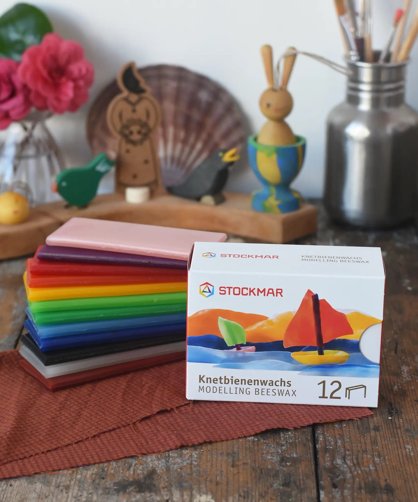 Stockmar Modelling Beeswax Clay 12 Colour Sheets. Wax sheets shown out of the cardboard packaging.
