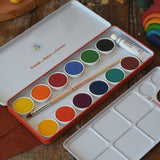 Stockmar Opaque Watercolour Paint Tin Set with 12 colours, palette, paintbrush, opaque white paint tube all in a metal storage tin.