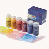 Stockmar Watercolour Paint Basic Set. Six 20ml bottles of Stockmar watercolour paints in shades, lemon yellow, golden yellow, vermillion, carmine red, ultramarine blue and prussian blue.