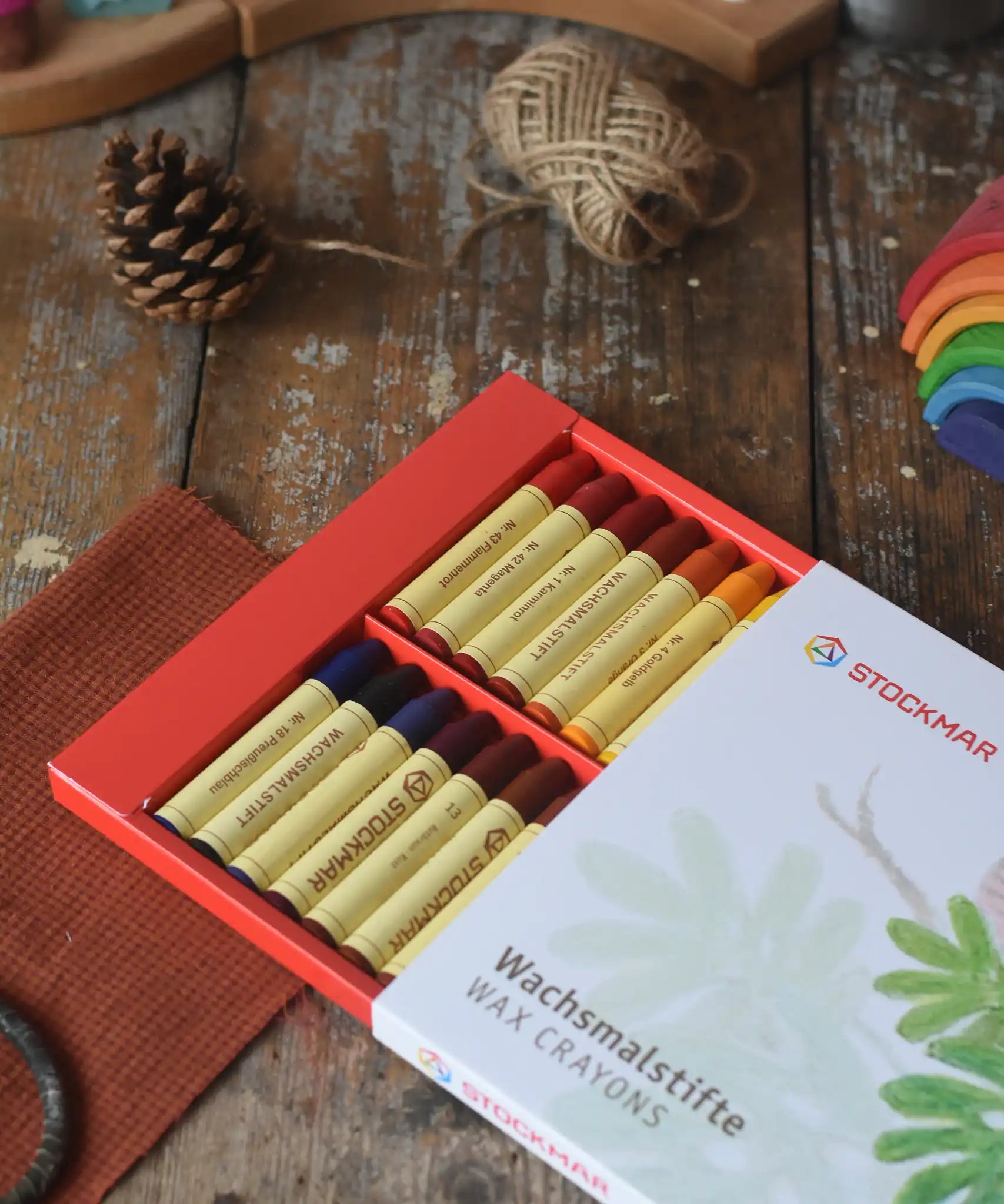 Stockmar 32 coloured wax crayon sticks for children. 