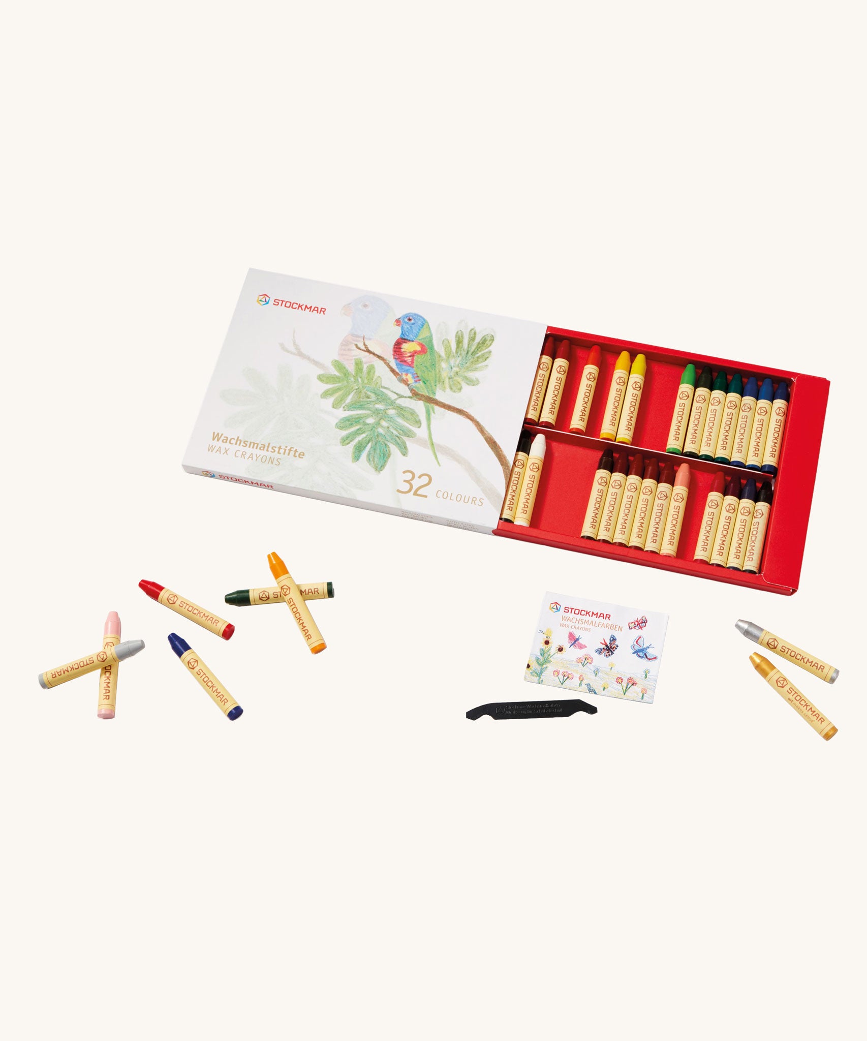 Stockmar 32 coloured Wax Crayon sticks in a box. The coloured crayons come with a wax scraper. 