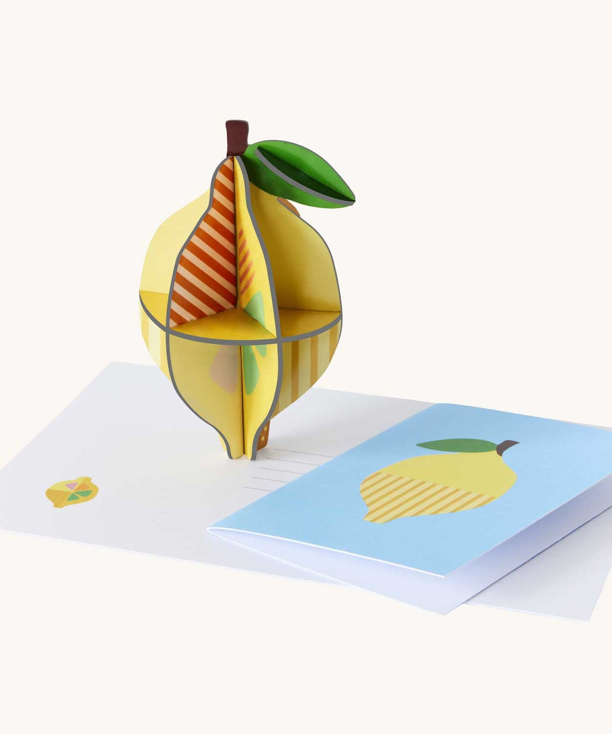 Studio Roof 3D Pop Out Card lemon. A 3D DIY cardboard lemon next to a matching greetings card 