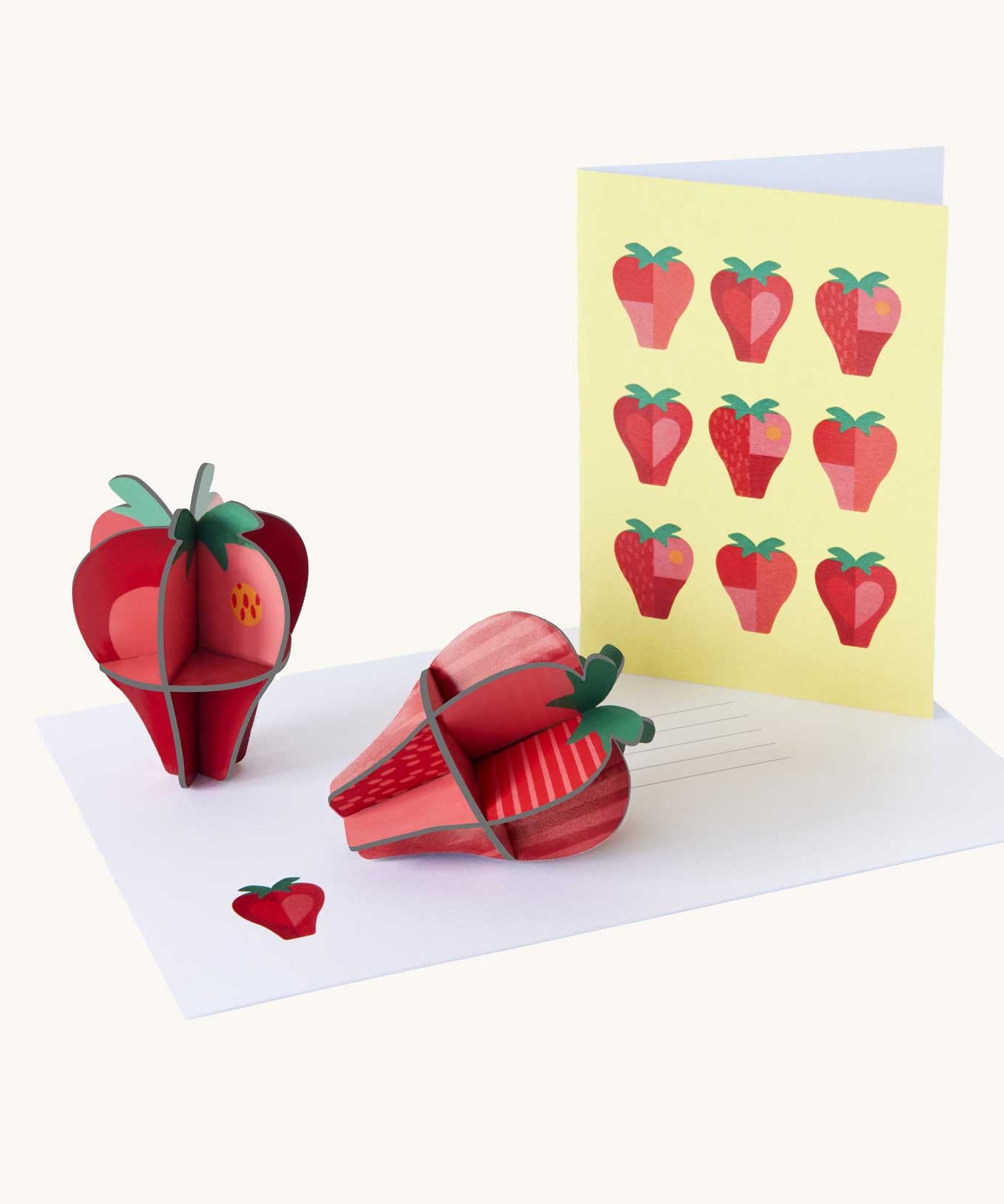 Studio Roof 3D Pop Out Card Strawberries. 3D DIY cardboard strawberries next to a matching greetings card 