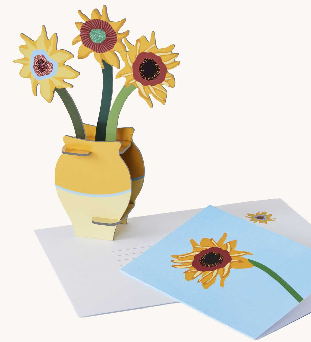 Studio Roof 3D Pop Out Card Van Gogh Flowers. A 3D cardboard DIY sunflowers in a vase next to a matching greetings card