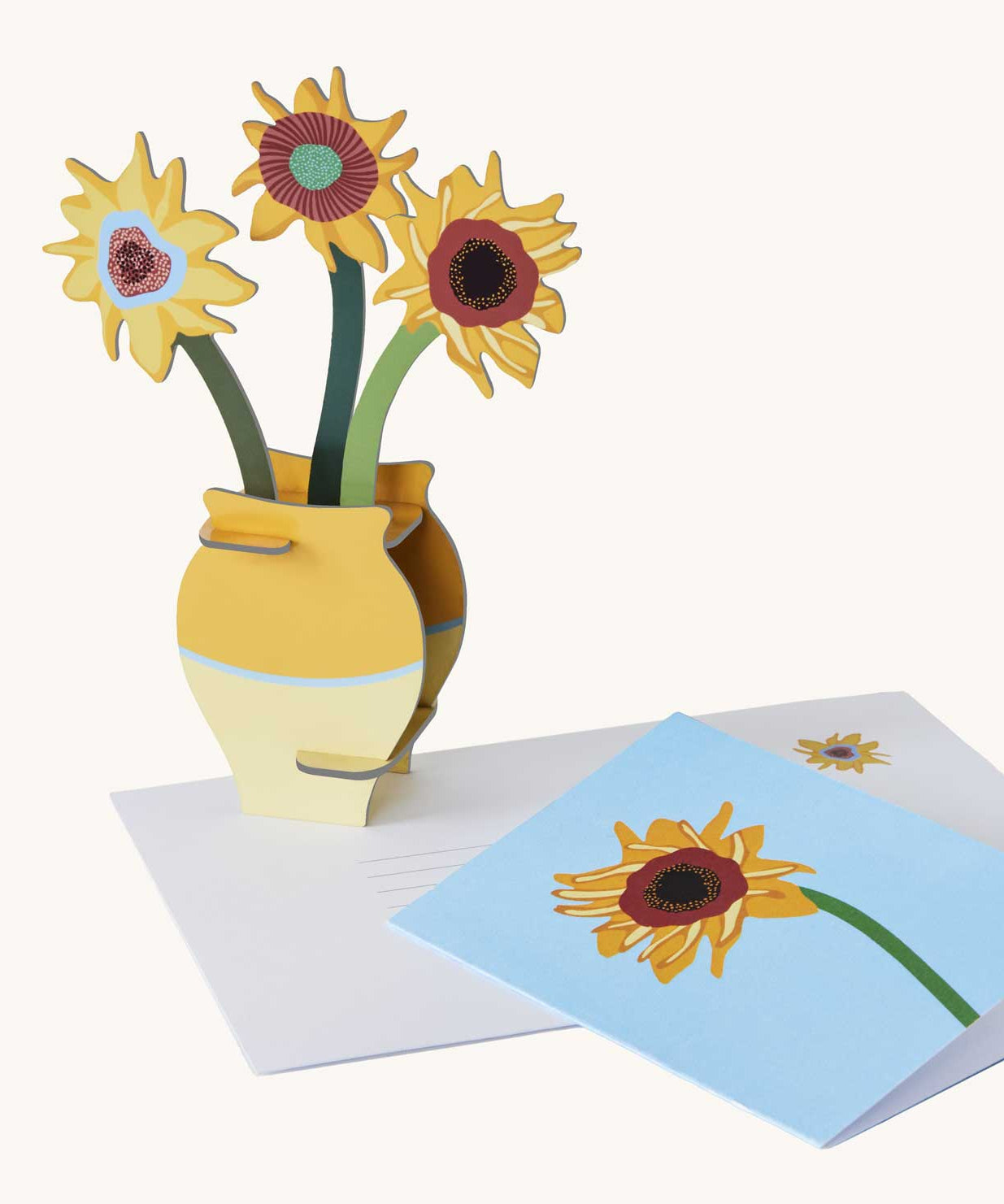 Studio Roof 3D Pop Out Card Van Gogh Flowers. A 3D cardboard DIY sunflowers in a vase next to a matching greetings card