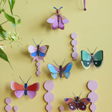 Collection of Studio Roof butterfly and insect decorations on a pastel yellow coloured wall with a pastel lilac border on the top