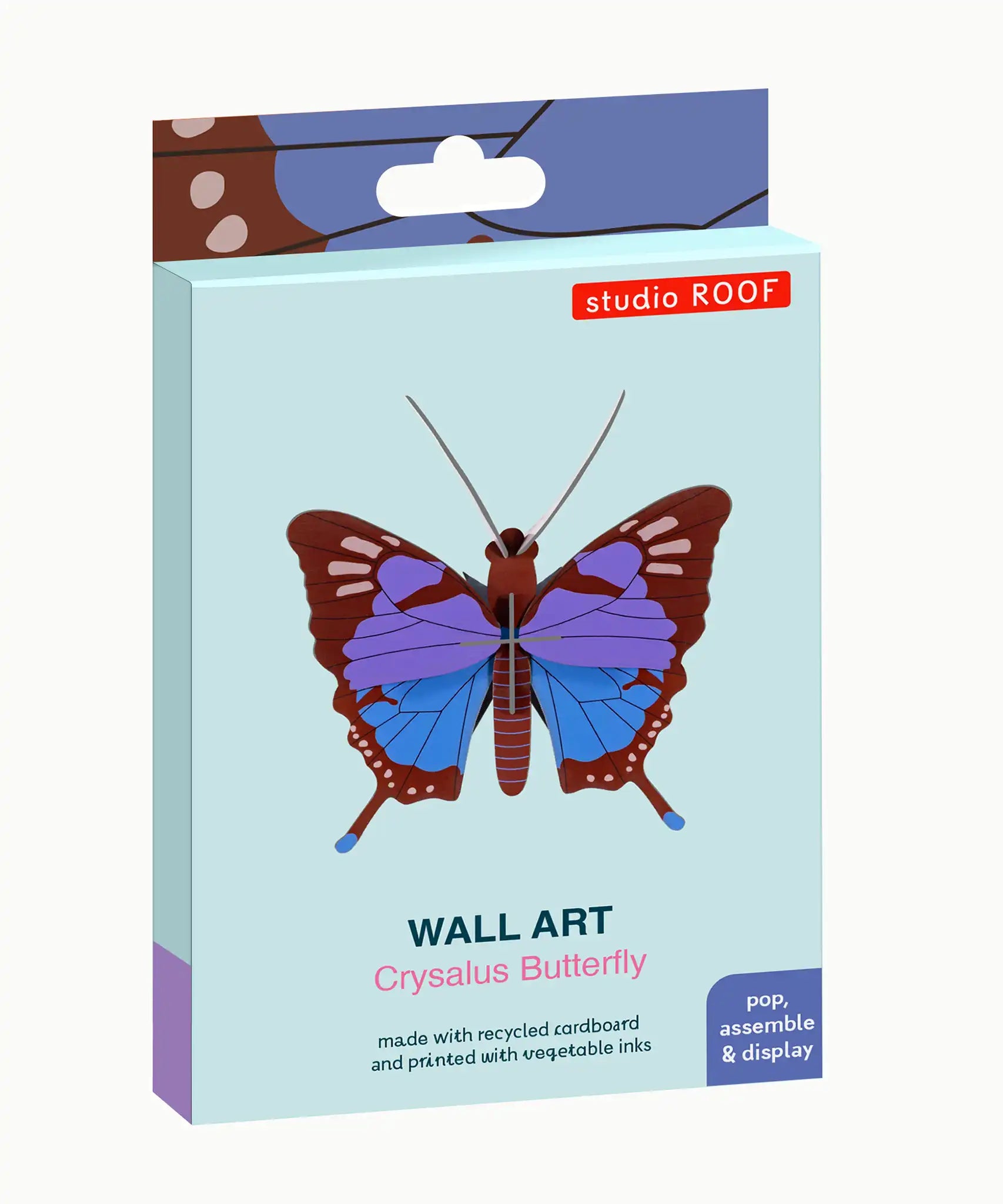 Studio Roof Insect blue Chrysalus Butterfly DIY wall art decoration in its packaging. 