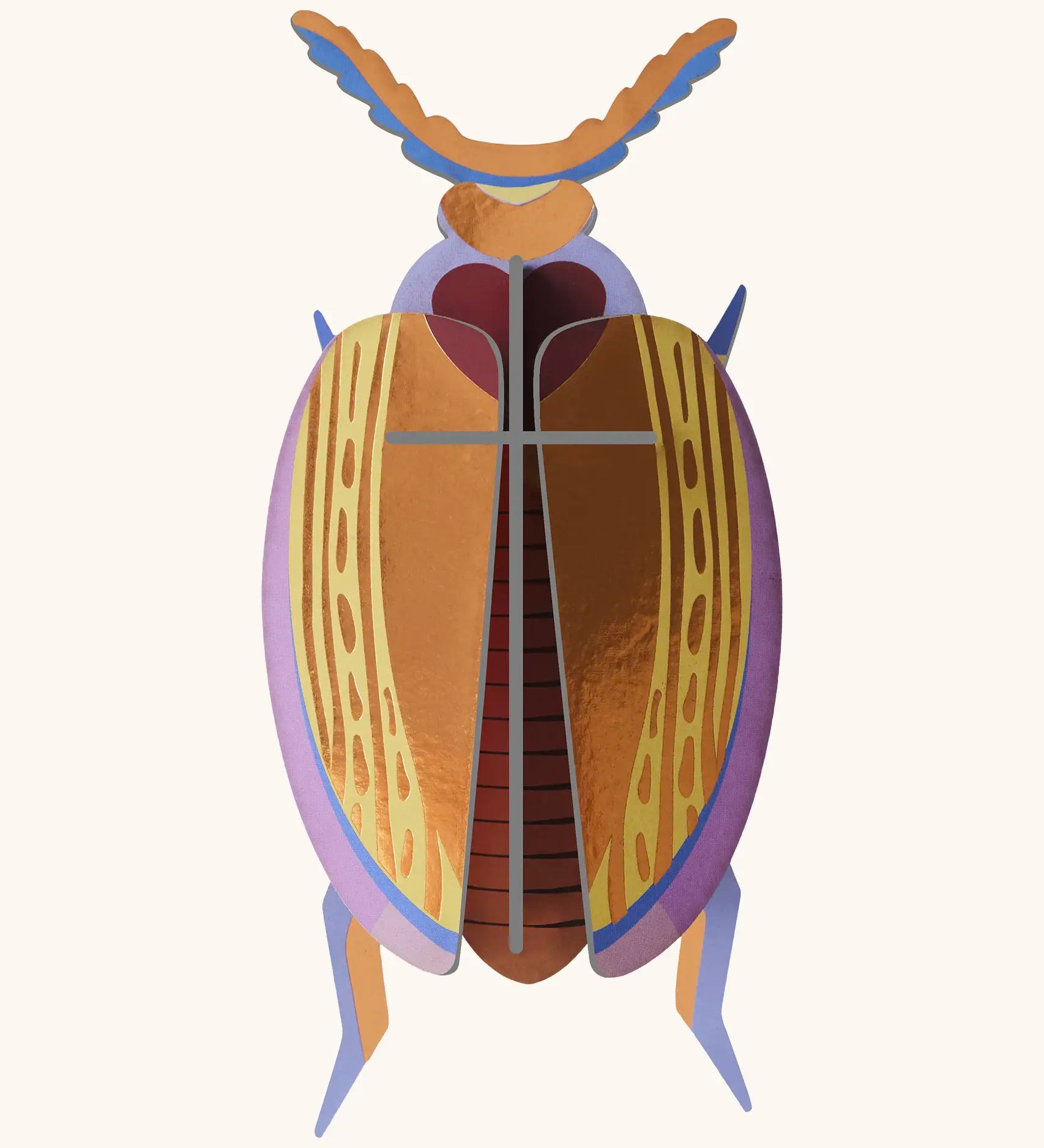 A Studio Roof 3D Cuprum beetle cardboard wall art fully assembled with a metallic finish on the pieces.