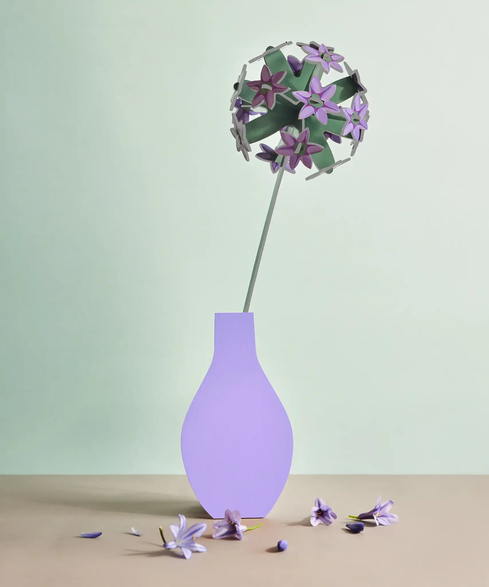 Studio Roof allium everlasting flower decoration craft kit shown built and displayed in a vase.
