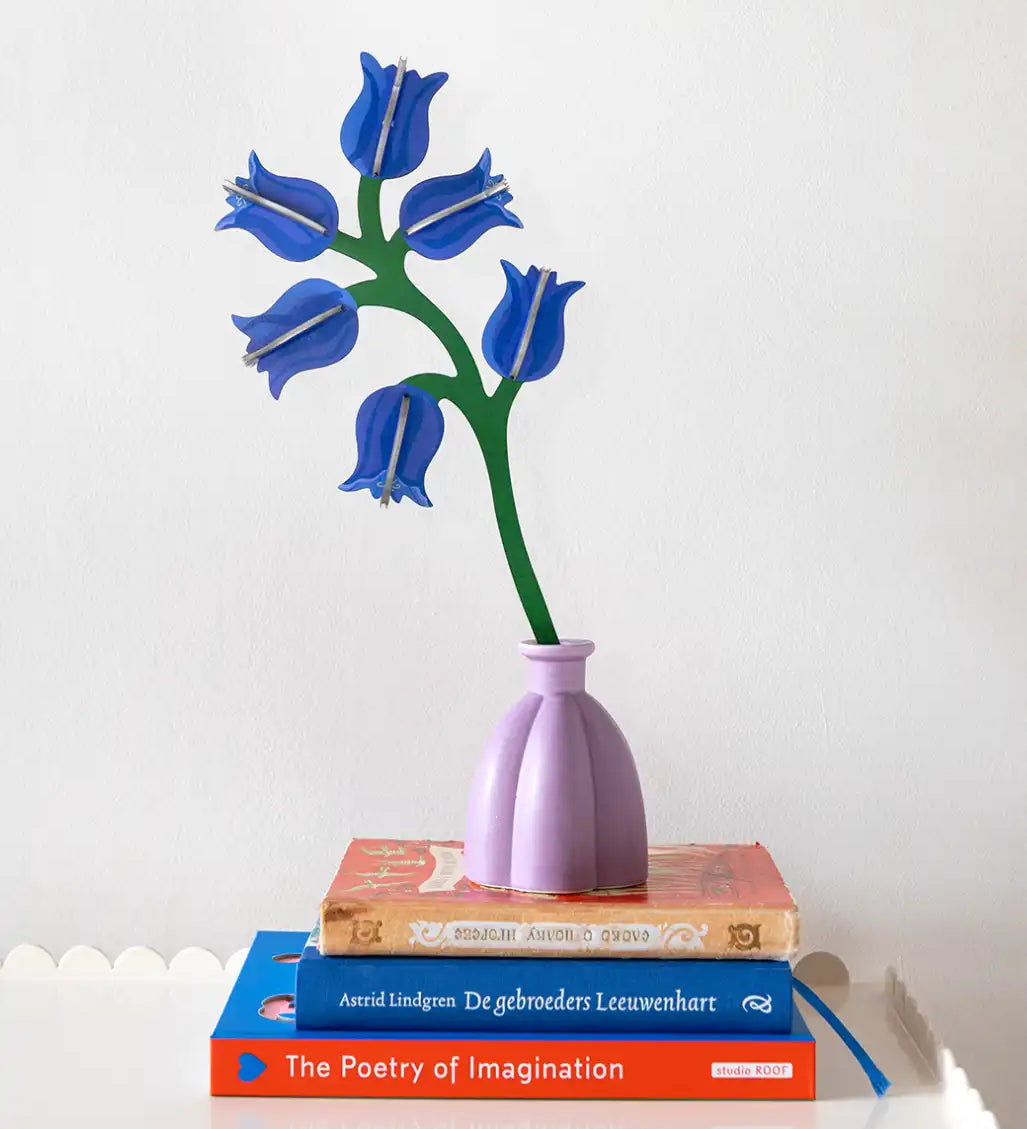 Studio Roof campanula everlasting flower decoration craft kit shown built and displayed in small purple vase.