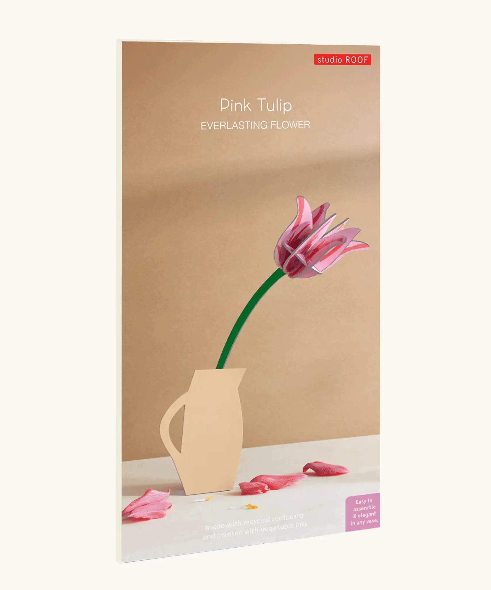 Studio Roof pink tulip everlasting flower cardboard decoration shown in it's packaging.