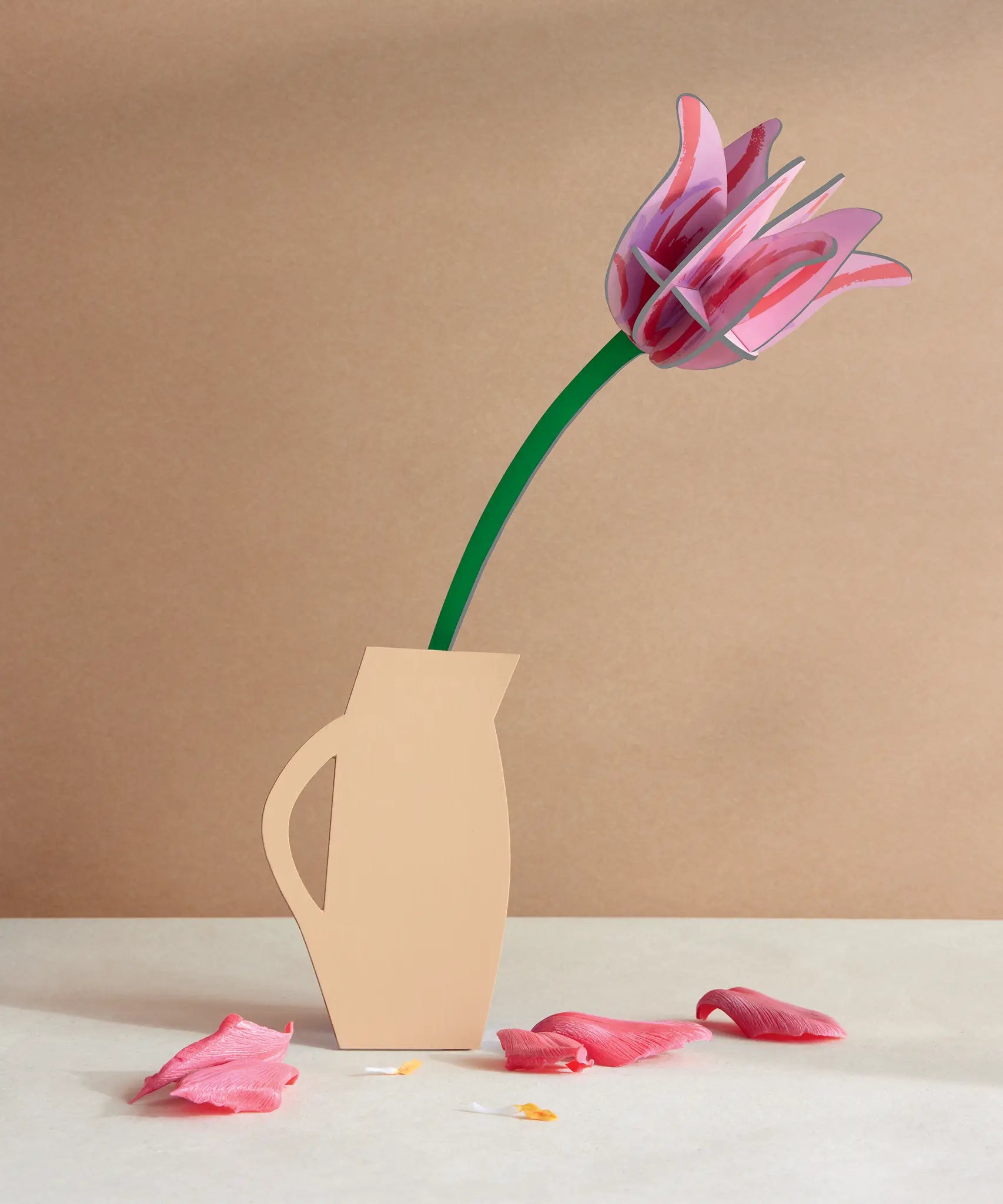 Studio Roof pink tulip everlasting flower decoration craft kit shown built and displayed in a vase.
