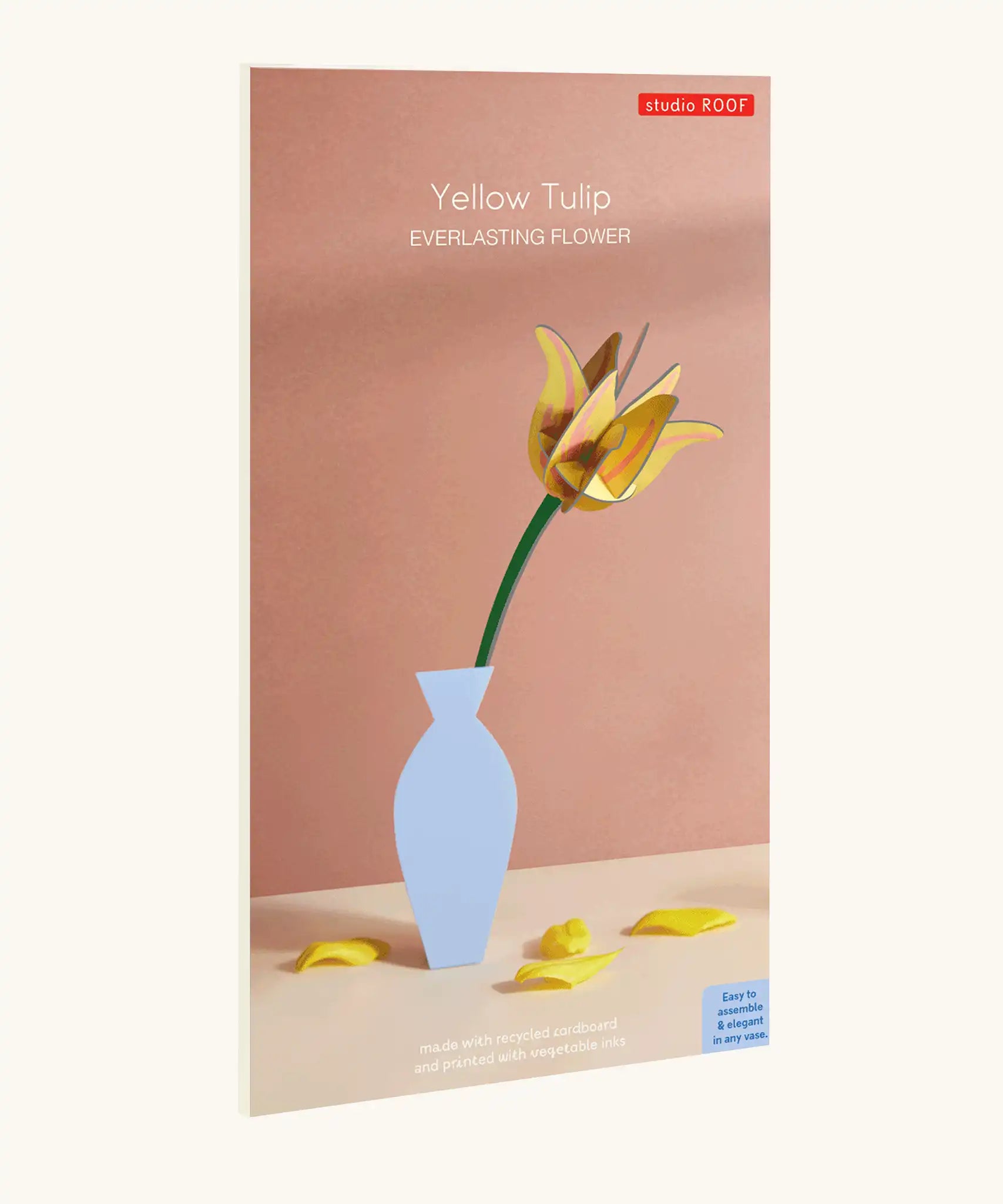 Studio Roof yellow tulip everlasting flower cardboard craft kit shown in it's packaging.