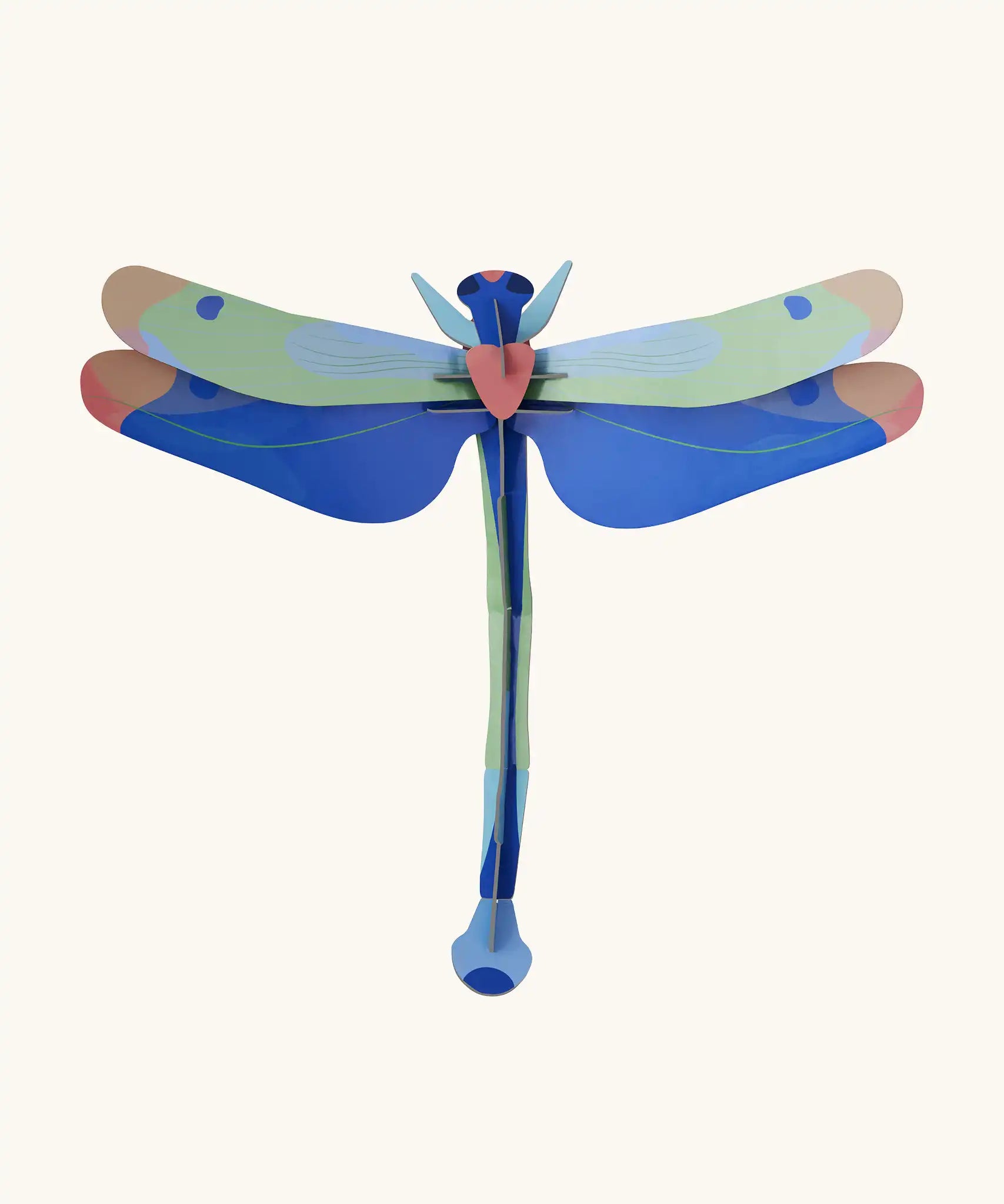Studio Roof Blue Dragonfly Cardboard Wall Art shown built. 