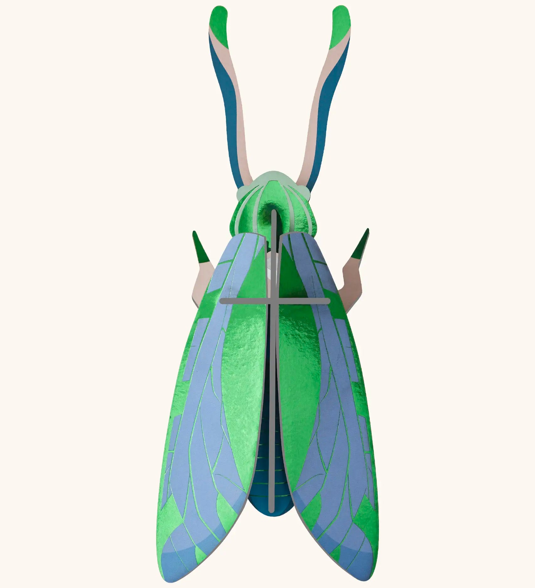 A Studio Roof 3D jade graasshopper cardboard wall art fully assembled with a metallic finish on the pieces.