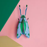 Studio Roof 3D cardboard jade grasshopper craft kit displayed on a wall 
