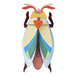 Studio Roof Luna Jewel Beetle Cardboard Model, 3D Wall Art. A colourful 3D Arts and Crafts beetle in shades of yellow, blue, burgundy and orange, on a white background