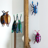 Studio Roof 3D cardboard insects displayed on a wall showing a Cuprum beetle, jade grasshopper, azure stag beetle and a lumen pink beetle model