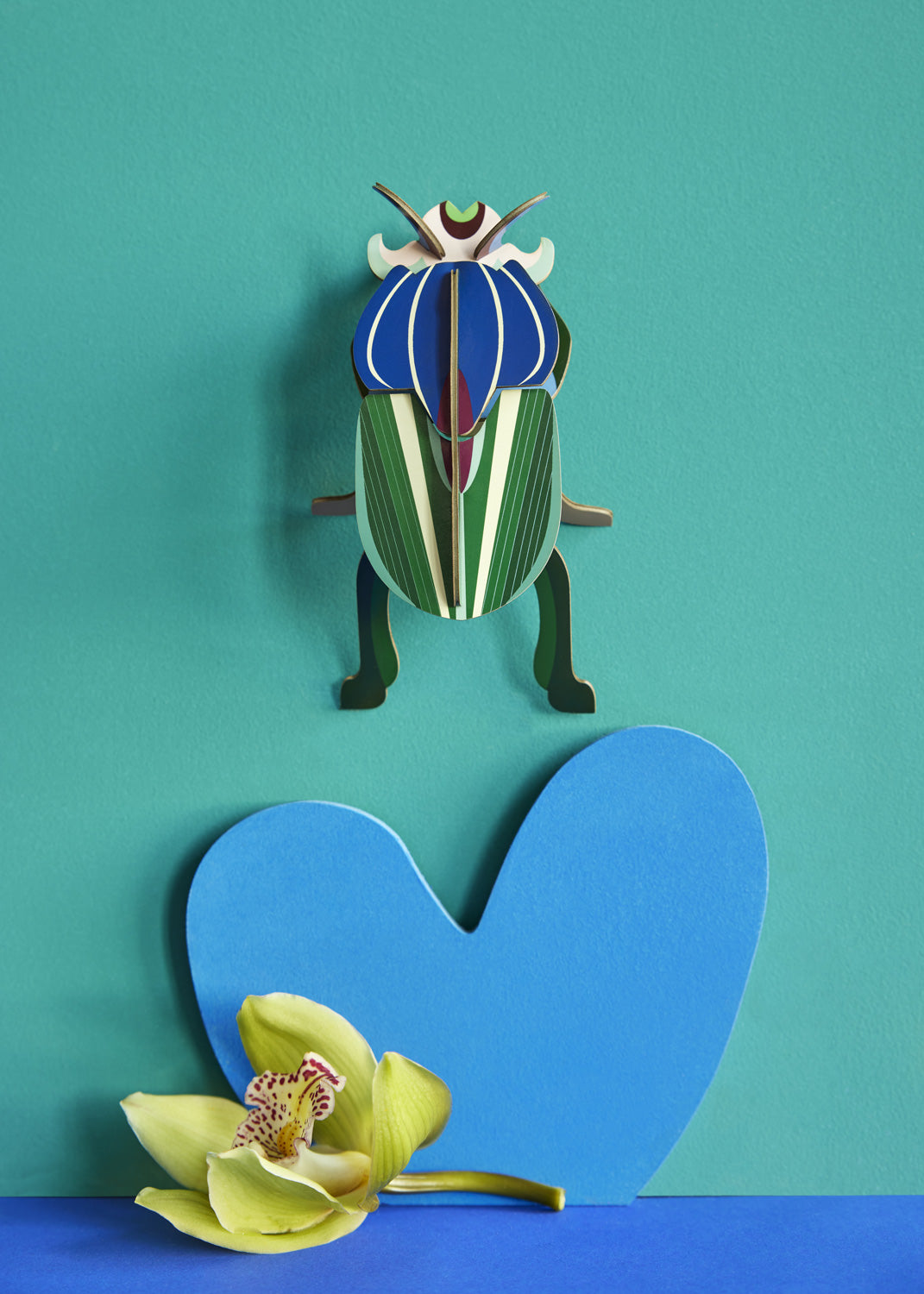 Studio Roof Mimela Scarab Beetle decoration hung up on a green painted wall