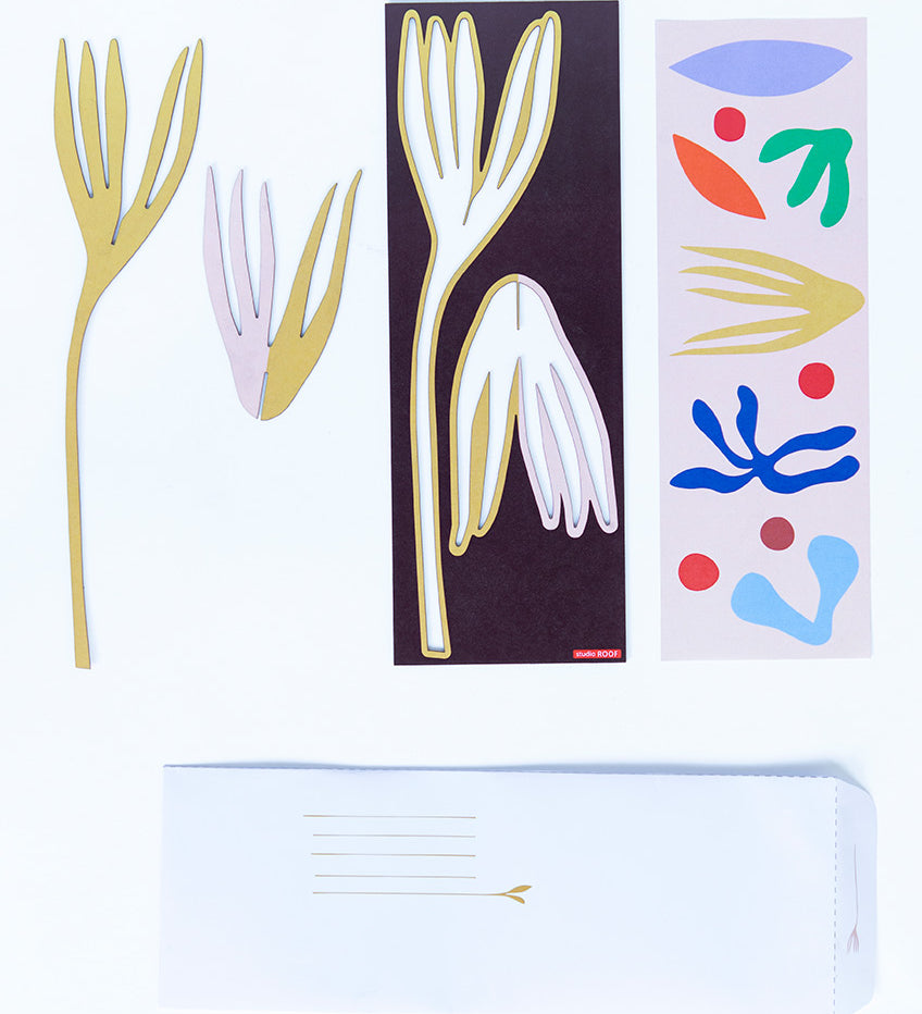 Studio ROOF pop out card in Amelia design. Picture shows flat card and pre popped out pieces all laid flat on white background