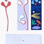 Studio ROOF pop out card in Narcissa design. Picture shows flat card and pre popped out pieces all laid flat on white background