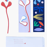 Studio ROOF pop out card in Narcissa design. Picture shows flat card and pre popped out pieces all laid flat on white background