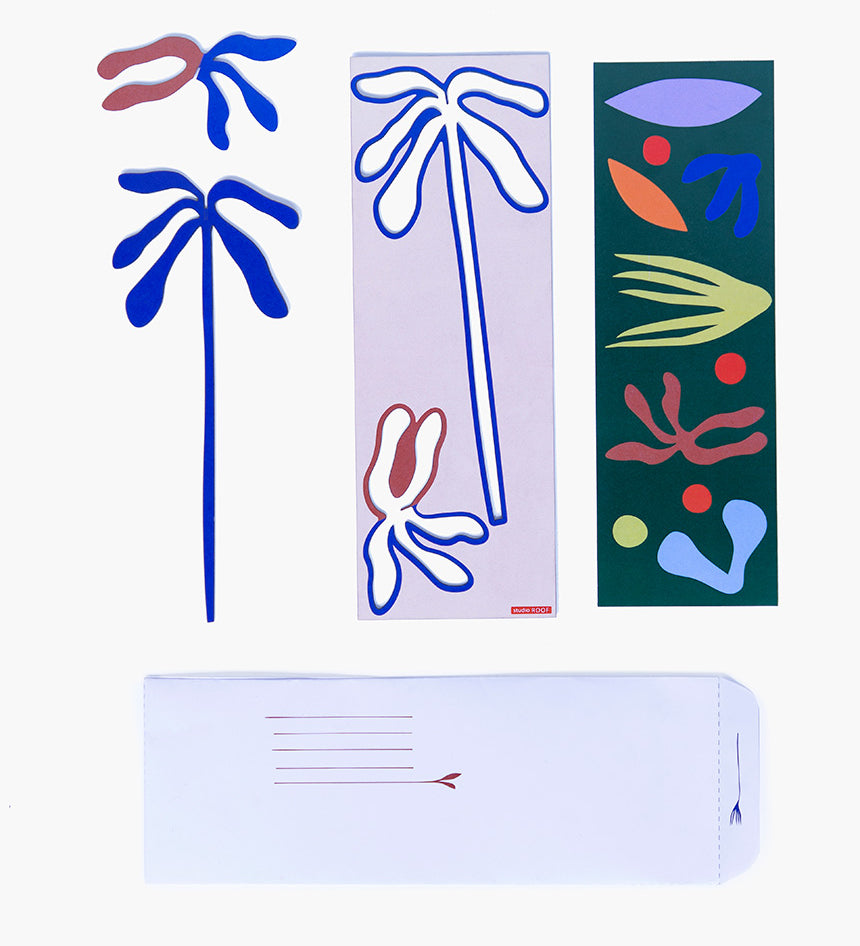 Studio ROOF pop out card in Palma design. Picture shows flat card and pre popped out pieces all laid flat on white background