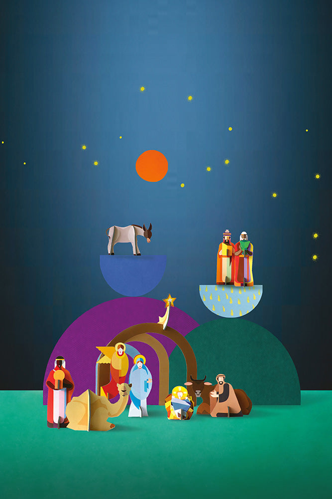 Studio Roof Christmas Crib fully set up on starry navy and green background