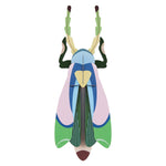 Studio Roof Sakura Beetle Cardboard Model, 3D Wall Art. A colouful 3D beetle in yellow, greens, blues and pink, on a white backgorund