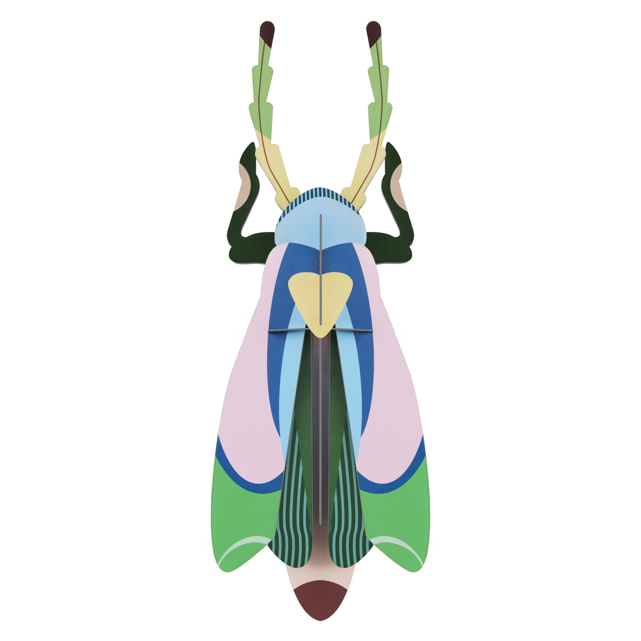 Studio Roof Sakura Beetle Cardboard Model, 3D Wall Art. A colouful 3D beetle in yellow, greens, blues and pink, on a white backgorund