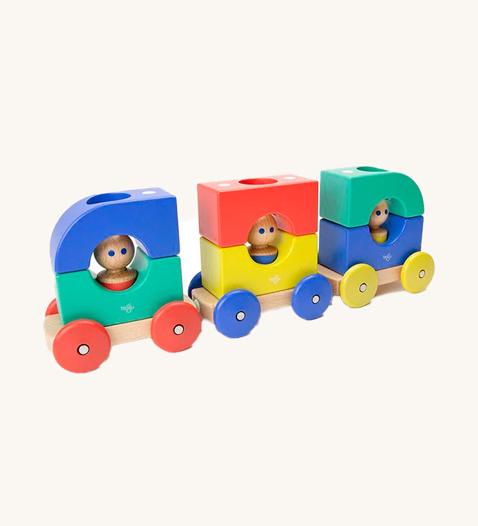 Tegu Big Top Tram Toy - Magnetic Blocks Train set with little peg  people in each of the three carriages. 