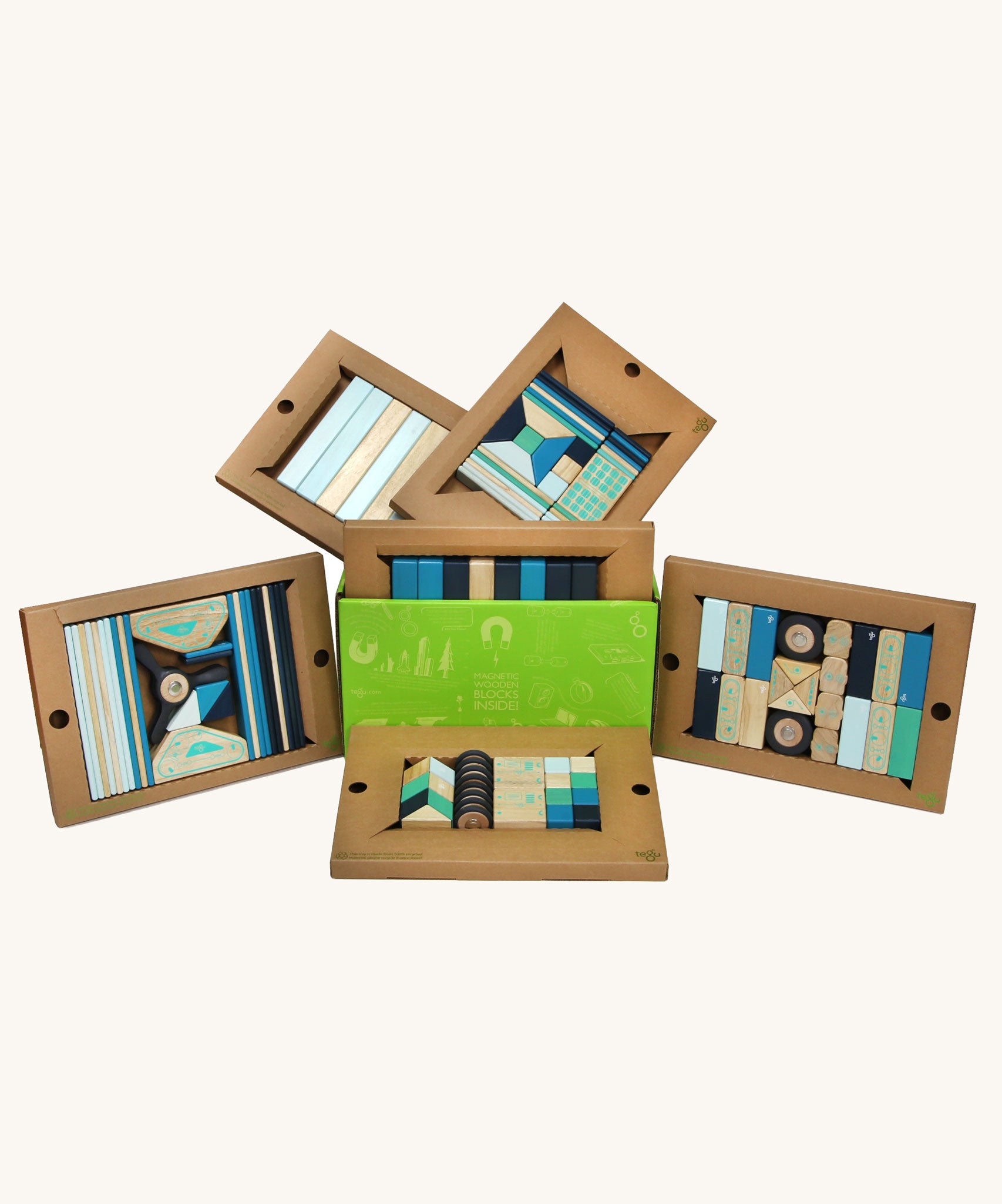 Tegu 130 piece magnetic block Classroom Kit in the Future colour way featuring a mix of shapes, sizes and natural and blue coloured blocks