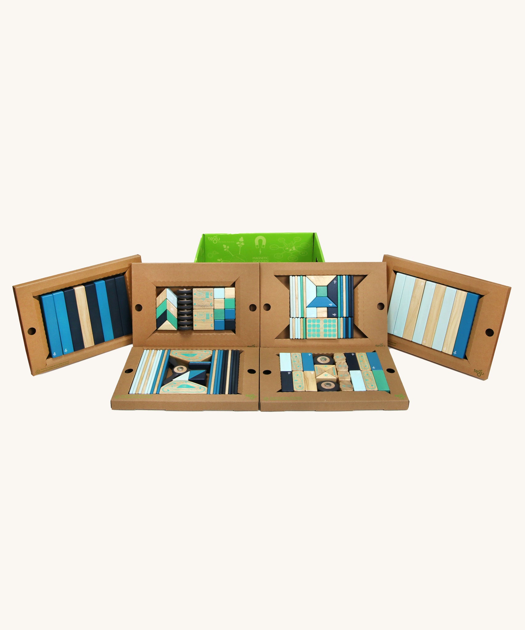 Tegu 130 piece magnetic block Classroom Kit in the Future colour way featuring a mix of shapes, sizes and natural and blue coloured blocks