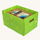 Tegu 130 piece magnetic block Classroom Kit in the Future blue tone colour way in their green coloured cardboard packaging box. 