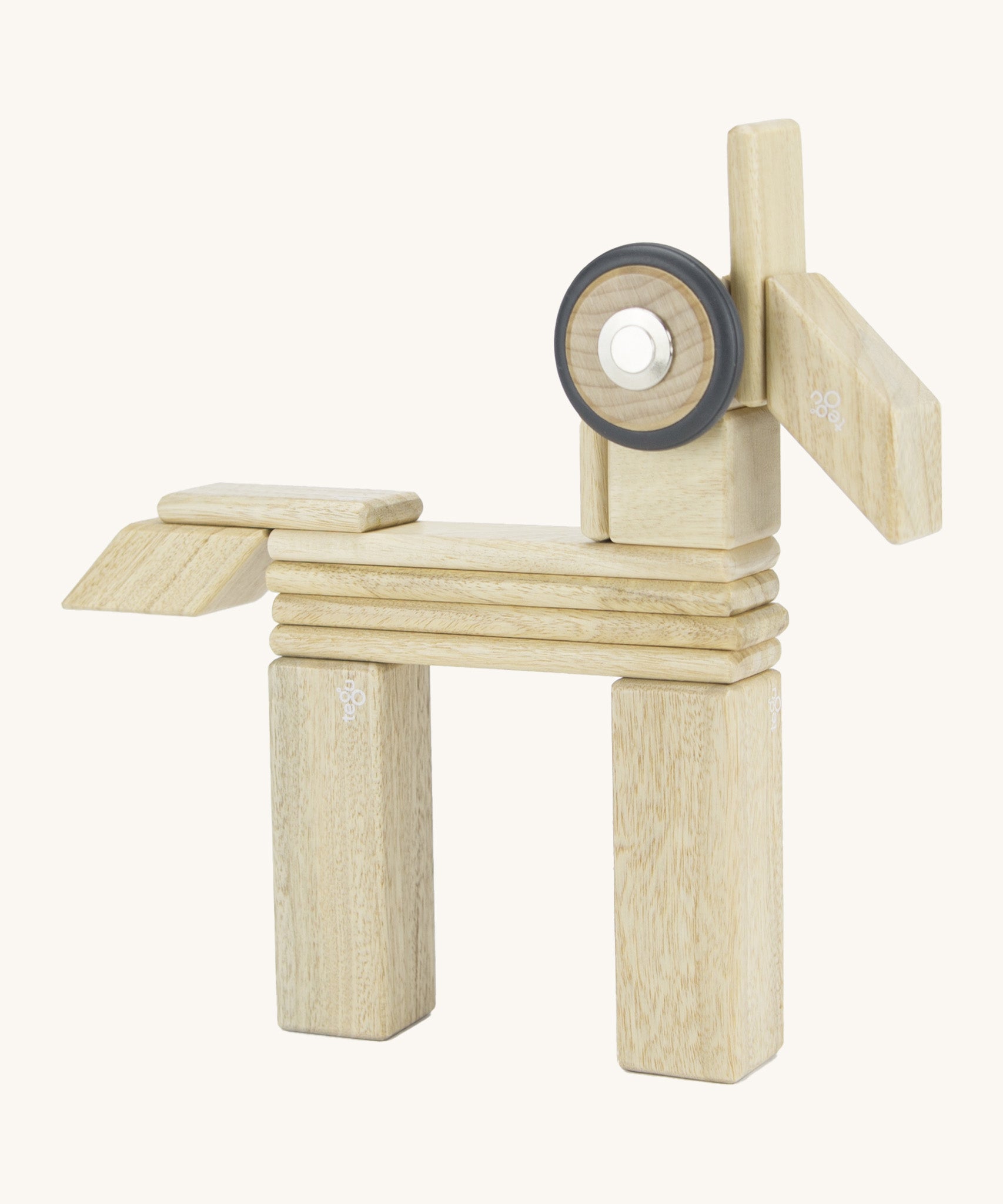 A animal made from the Tegu magnetic wooden tiles and wheels