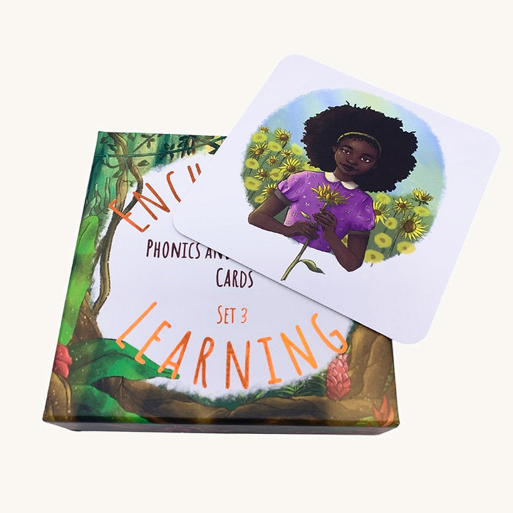 The Phive Enchanting Learning Phonics & Storytelling Cards - Set 3 pictured with on open box on a plain background