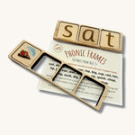 Extra photo of 2 wooden phonics frames with a instruction leaflet  with wooden tiles inside the frames on a cream background