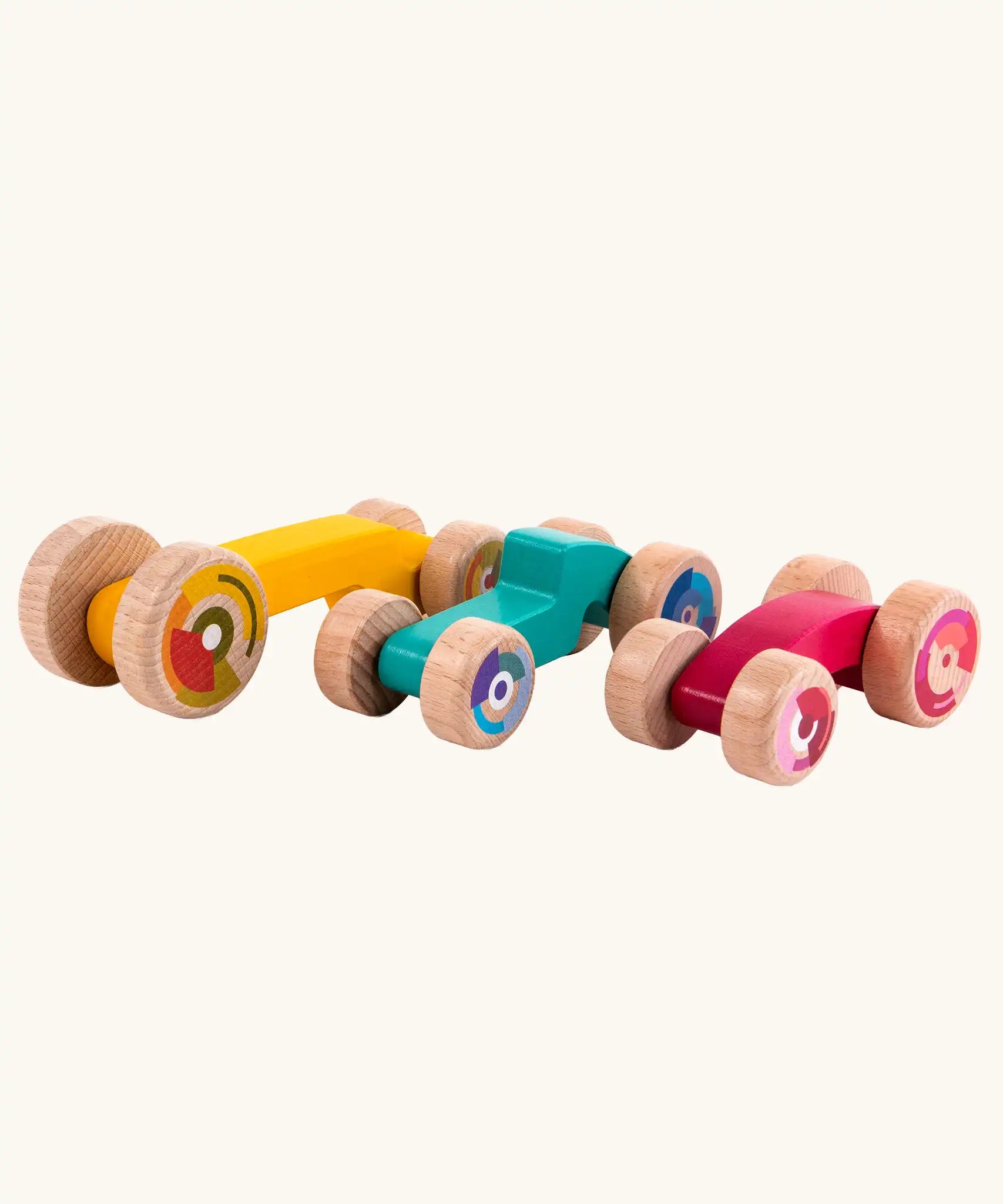 Tobe 3ple Stacking Cars wooden toys. Pink, blue and yellow coloured toy cars.